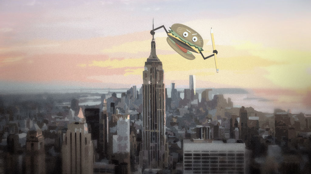angry hamburger on top of buildiing