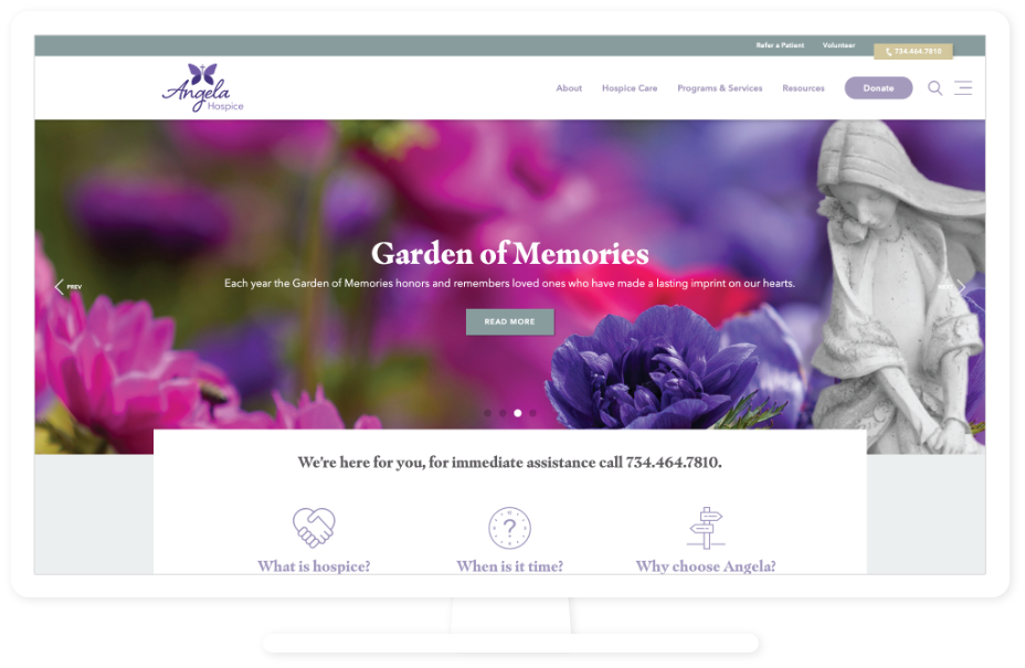 Angela Hospice website on a desktop computer